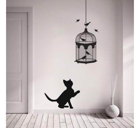 Samolepka na zeď - Kočka a ptáci