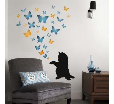 Samolepka na zeď - Koťátko a motýlci